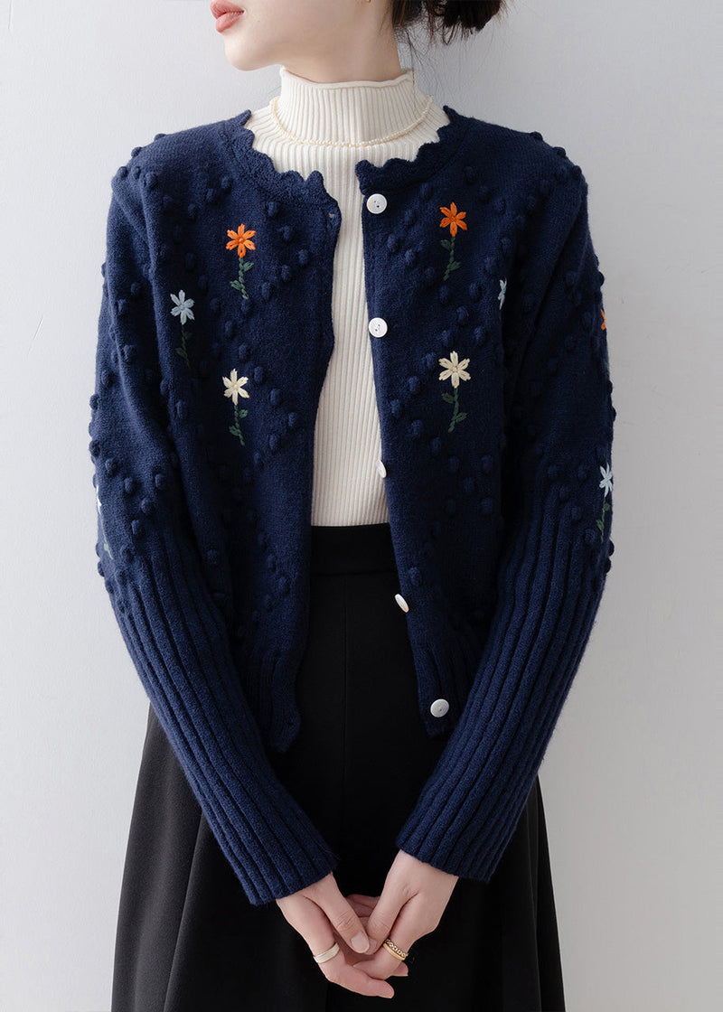 Navy Embroidered Fuzzy Ball Decorated Knit Jacket Winter