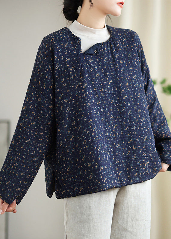 Navy O Neck Print Fine Cotton Filled Top Spring