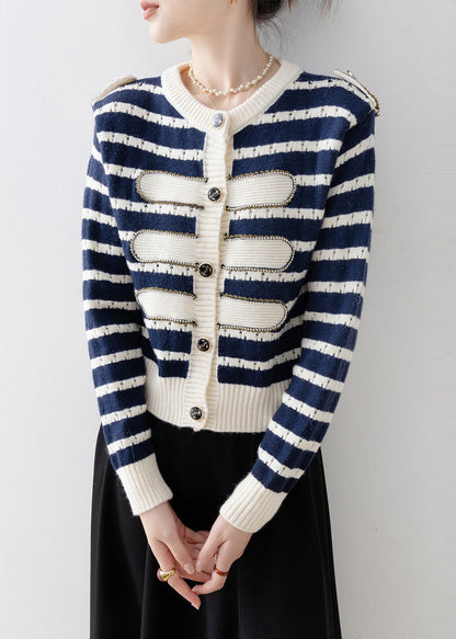 Navy O-neck Striped Knit Cardigan Spring