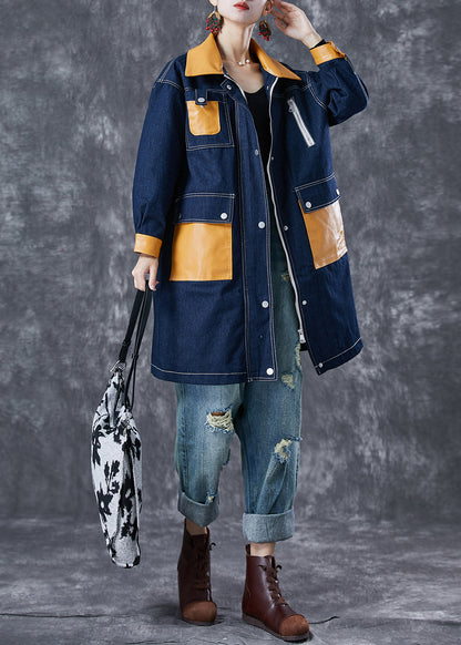 Navy Oversized Patchwork Pockets Denim Coat Outwear Fall