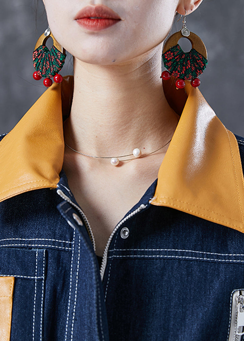 Navy Oversized Patchwork Pockets Denim Coat Outwear Fall