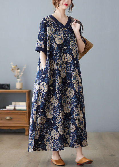 Navy Oversized Print Cotton Vacation Dresses Summer