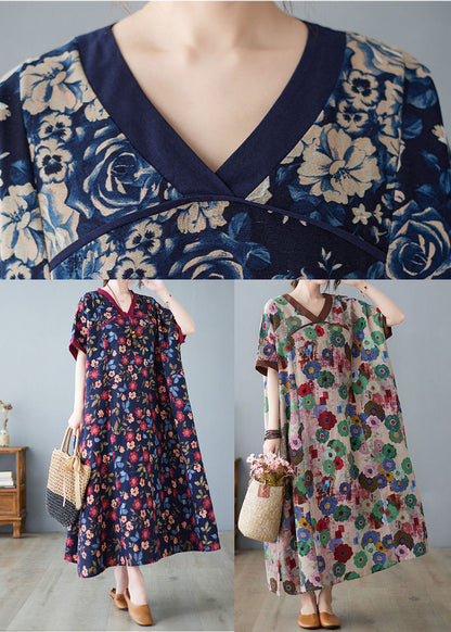 Navy Oversized Print Cotton Vacation Dresses Summer