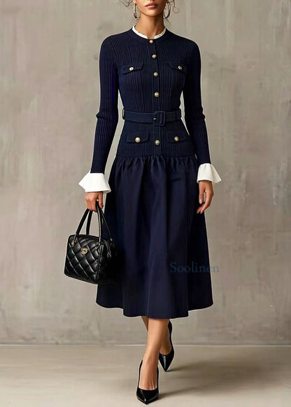 Navy Patchwork Knit Tunic Dresses Flare Sleeve