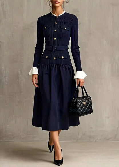 Navy Patchwork Knit Tunic Dresses Flare Sleeve