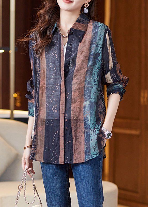 Navy Peter Pan Collar Print Button Shirt Long Sleeve