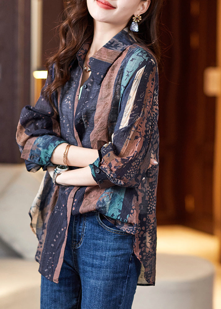 Navy Peter Pan Collar Print Button Shirt Long Sleeve