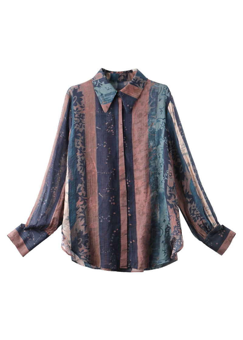 Navy Peter Pan Collar Print Button Shirt Long Sleeve