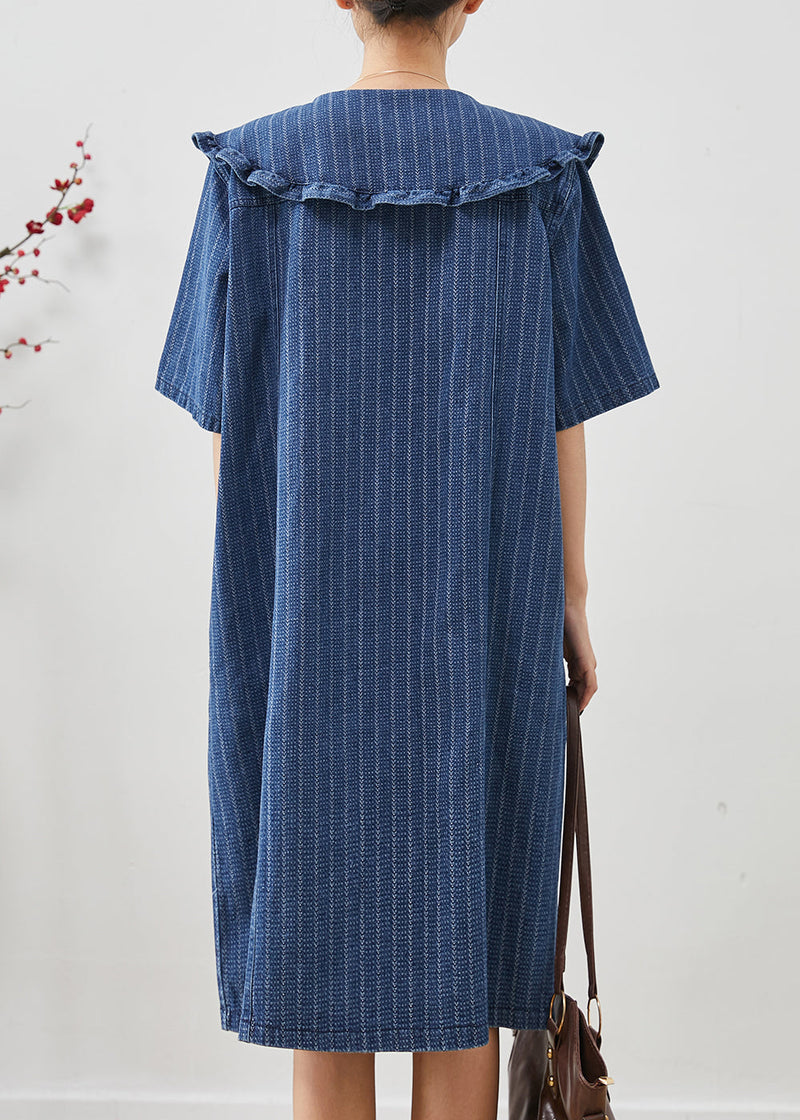 Navy Peter Pan Collar Striped Denim Mid Dress Summer