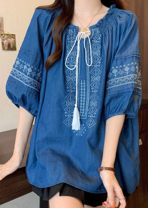 Navy Ruffled Embroidered Cotton Blouses Bracelet Sleeve