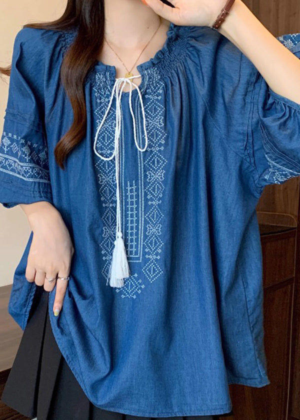 Navy Ruffled Embroidered Cotton Blouses Bracelet Sleeve