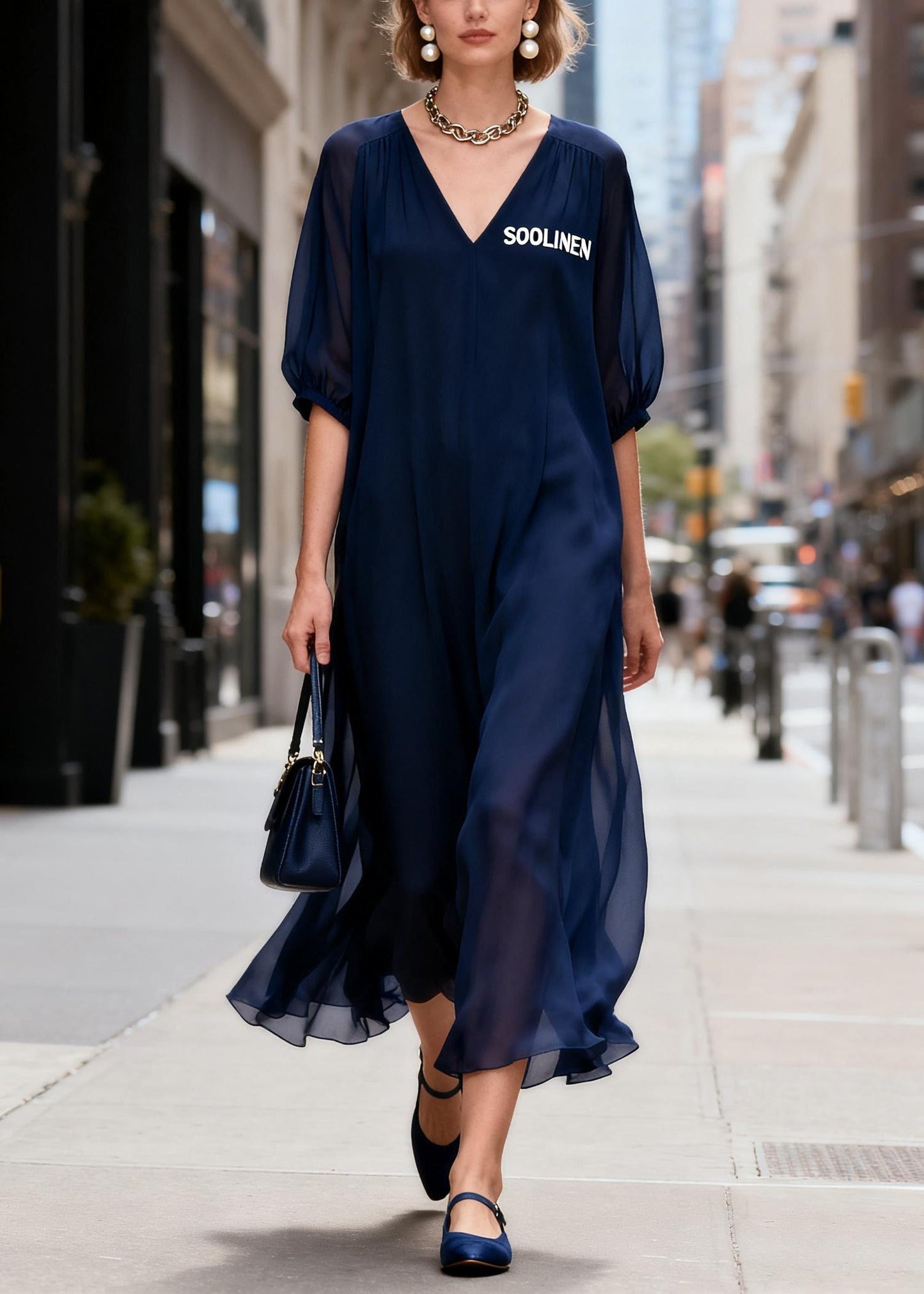 Navy V Neck Chiffon Ankle Dress Summer