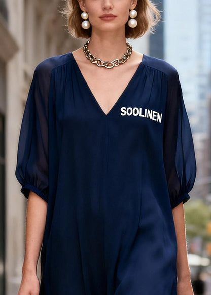 Navy V Neck Chiffon Ankle Dress Summer