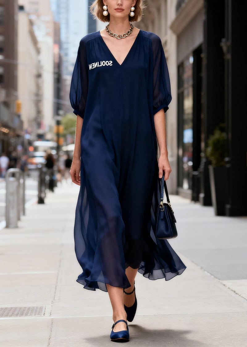 Navy V Neck Chiffon Ankle Dress Summer