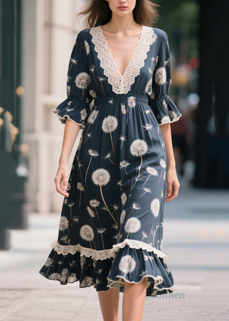 Navy V Neck Patchwork Print Chiffon Long Dresses Summer