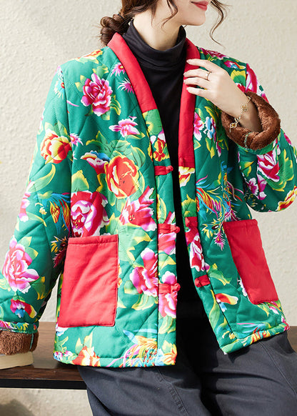 Navy V Neck Pockets Print Fine Cotton Filled Jackets Winter
