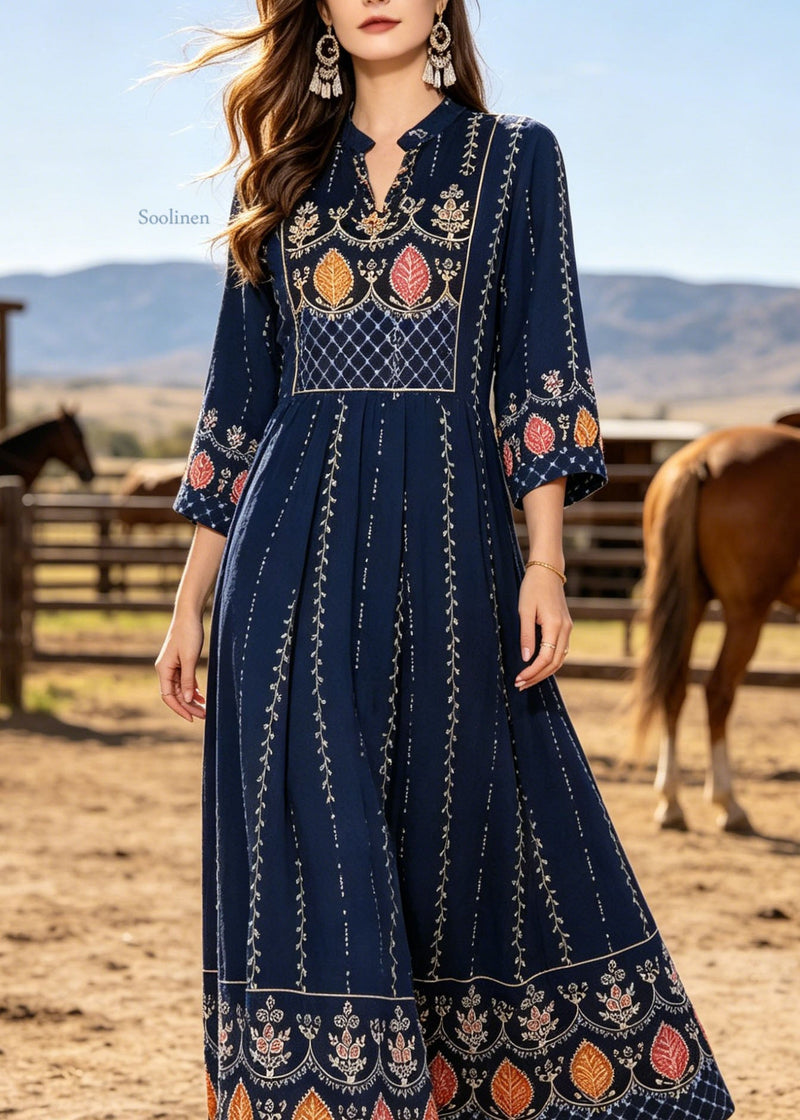 Navy V Neck Print Cotton Maxi Dresses Bracelet Sleeve
