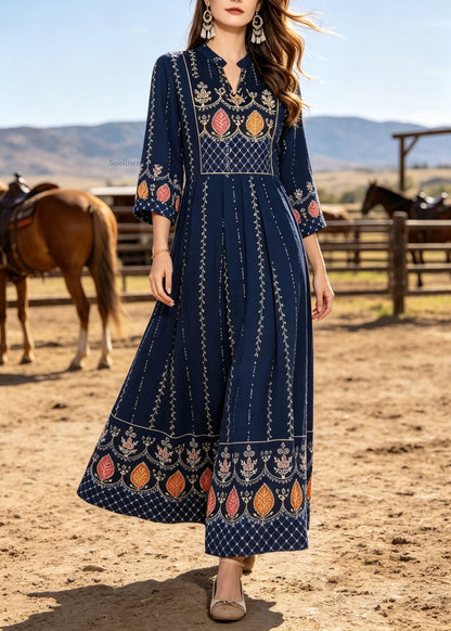 Navy V Neck Print Cotton Maxi Dresses Bracelet Sleeve