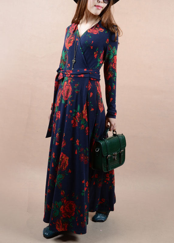 Navy V Neck Print Tie Waist Cotton Long Dress Spring