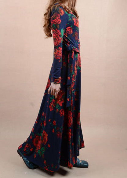Navy V Neck Print Tie Waist Cotton Long Dress Spring