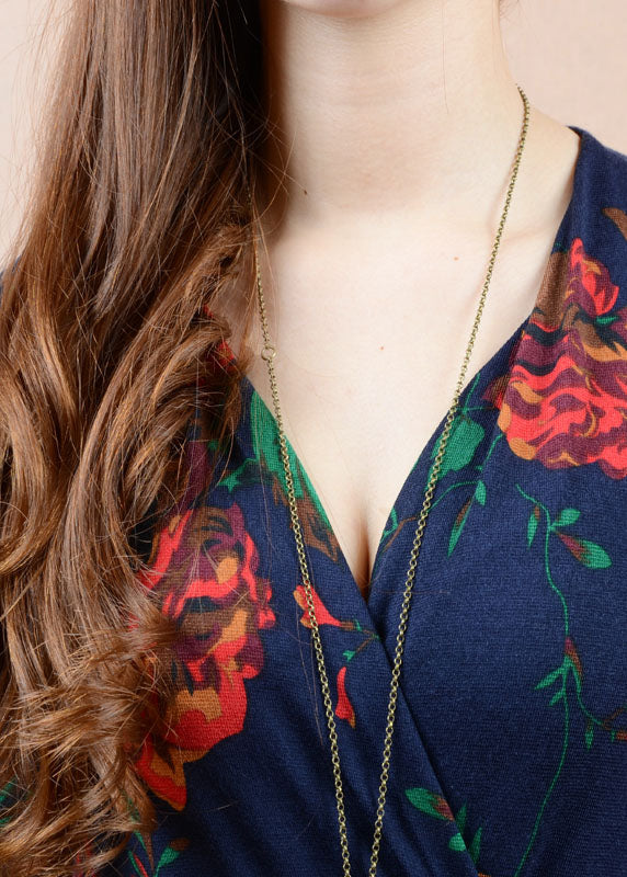 Navy V Neck Print Tie Waist Cotton Long Dress Spring