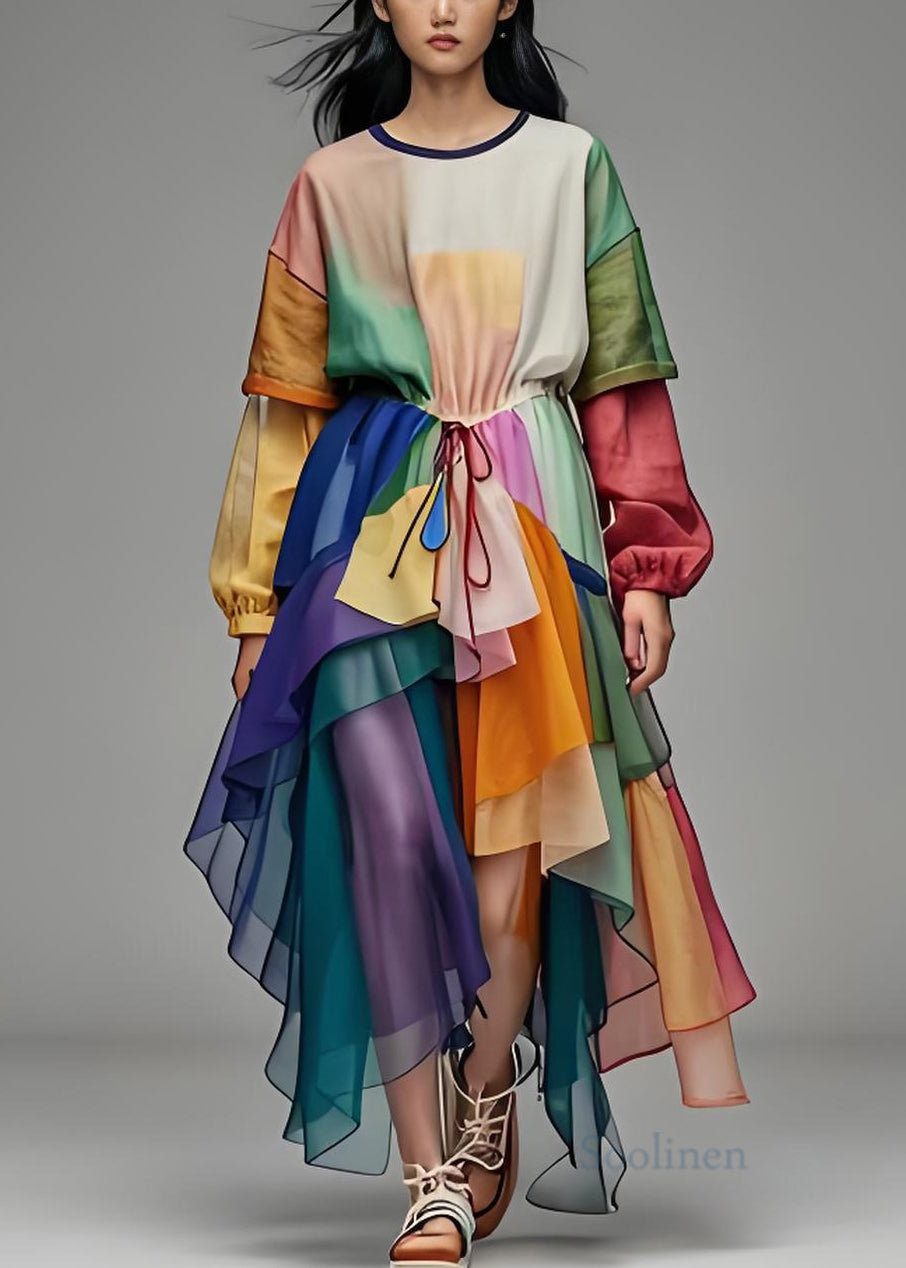 O Neck Asymmetrical Patchwork Cotton Dresses Long Sleeve