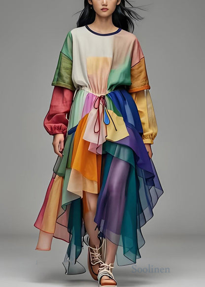 O Neck Asymmetrical Patchwork Cotton Dresses Long Sleeve