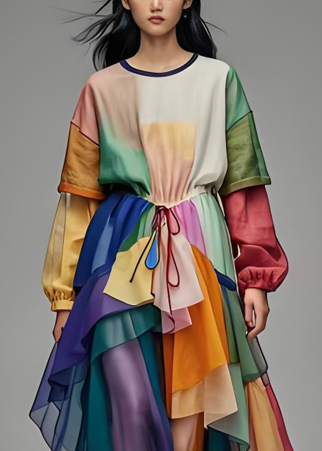 O Neck Asymmetrical Patchwork Cotton Dresses Long Sleeve