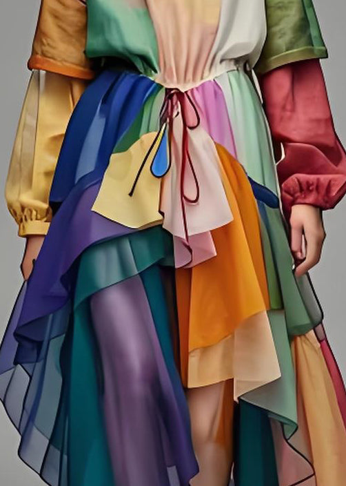 O Neck Asymmetrical Patchwork Cotton Dresses Long Sleeve