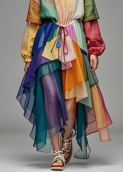 O Neck Asymmetrical Patchwork Cotton Dresses Long Sleeve