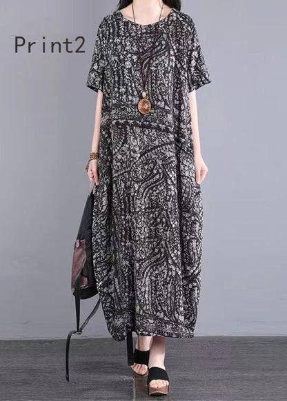 O Neck Print Patchwork Cotton Long Dresses Summer
