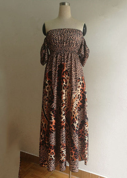Off the Shoulder Leopard Print Exra Large Hem Cinch Dress Vestidos Butterfly Sleeve