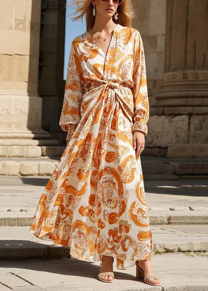 Orange Cinched Print Chiffon Shirt Dress Spring