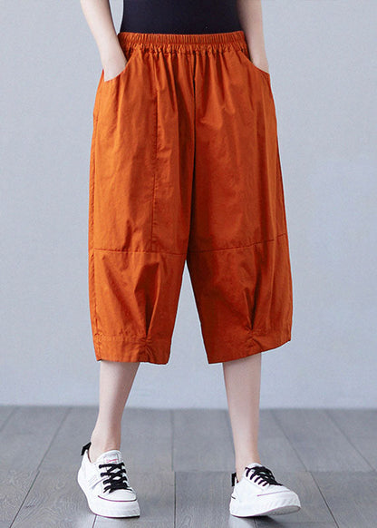Orange Elastic Waist Patchwork Pockets Color Cotton Shorts Summer