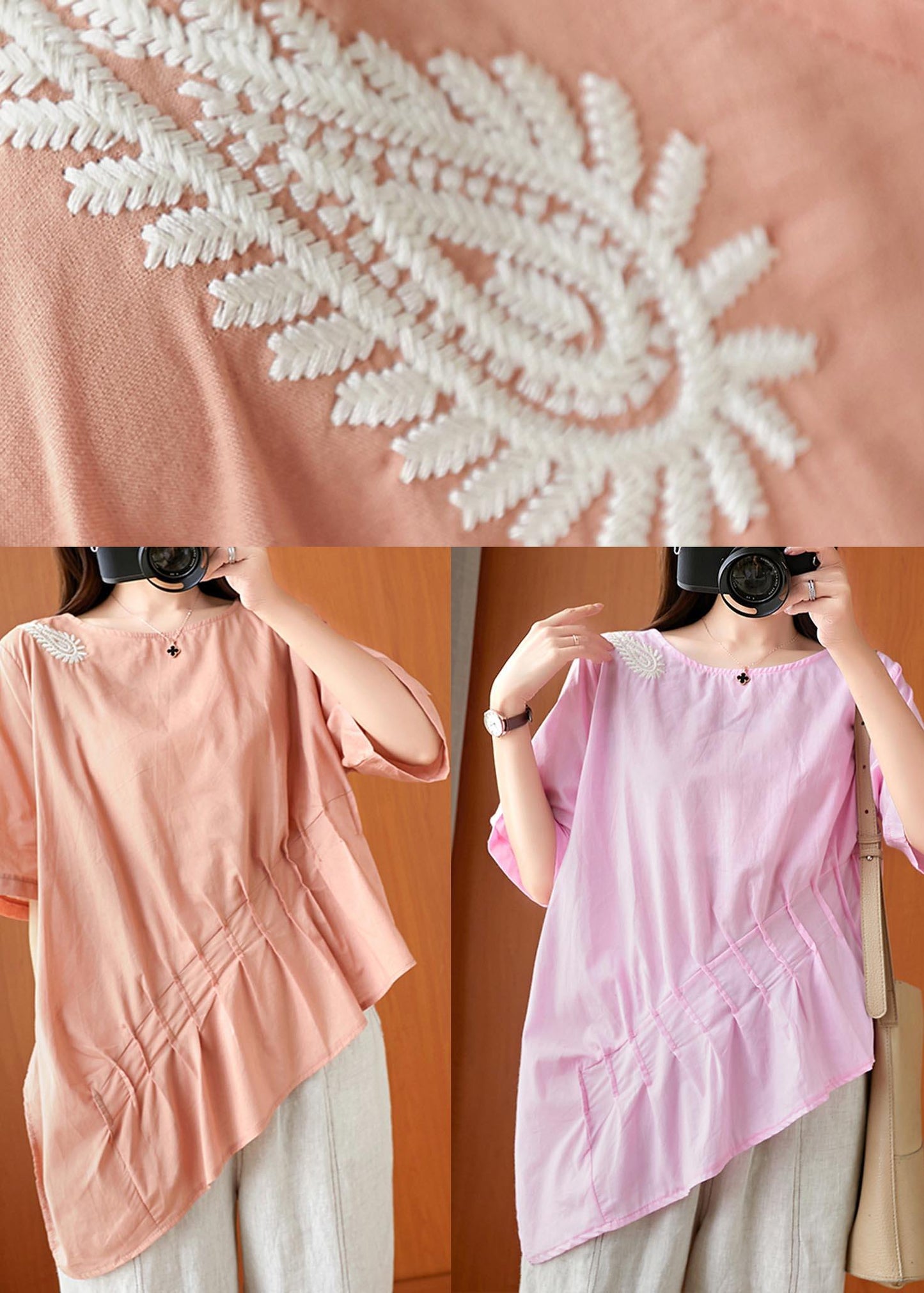 Orange Embroideried Cinched Linen Summer Shirts
