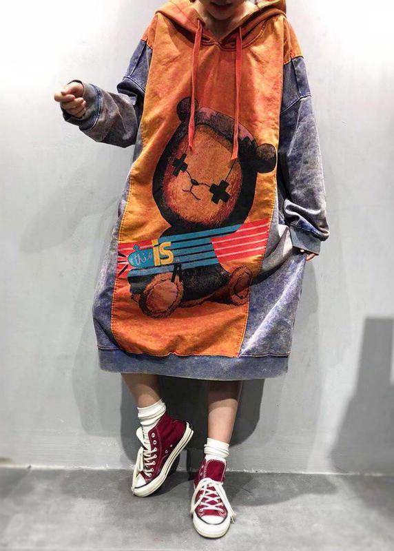 Orange Hooded Dress Cartoon Printing Spring Maxi Dress