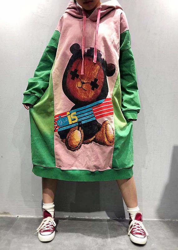 Orange Hooded Dress Cartoon Printing Spring Maxi Dress