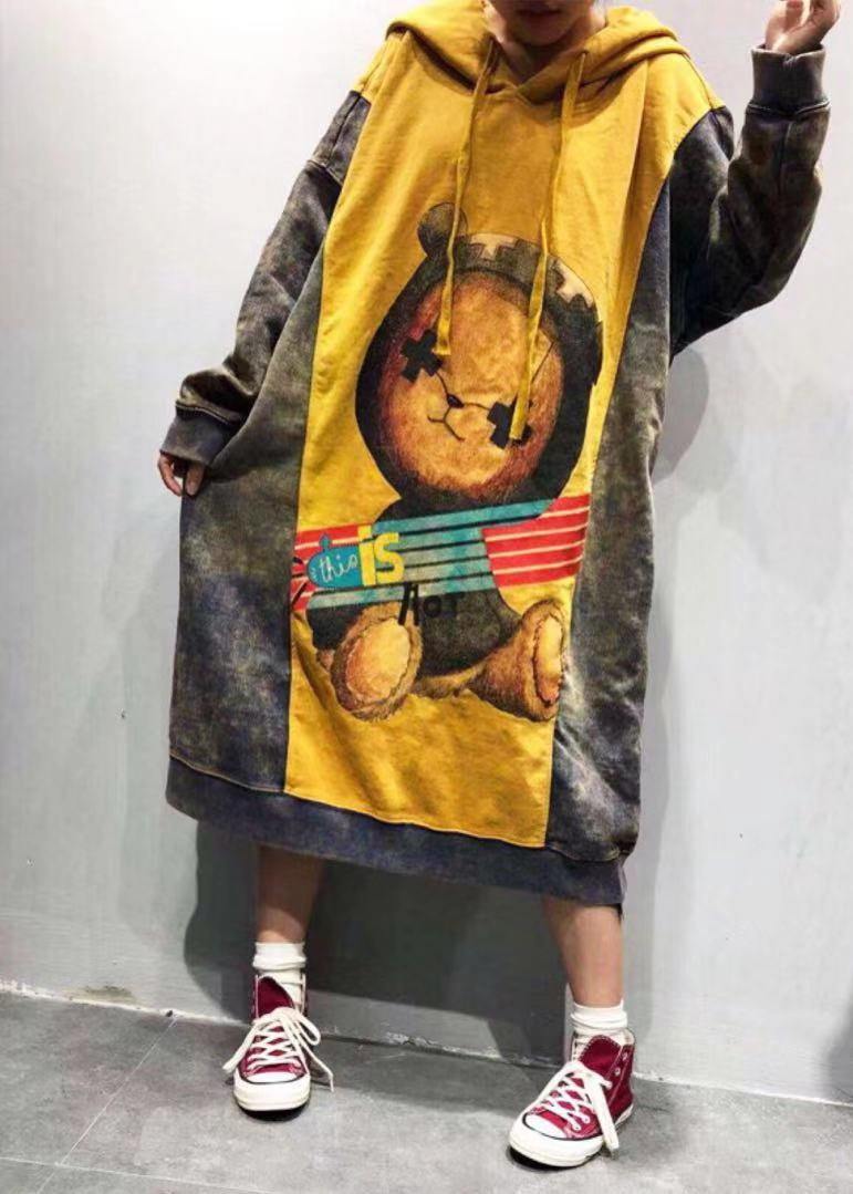 Orange Hooded Dress Cartoon Printing Spring Maxi Dress