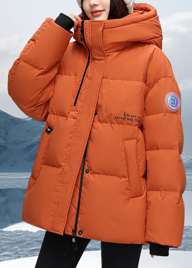 Orange Hooded Letter Duck Down Down Coat Winter