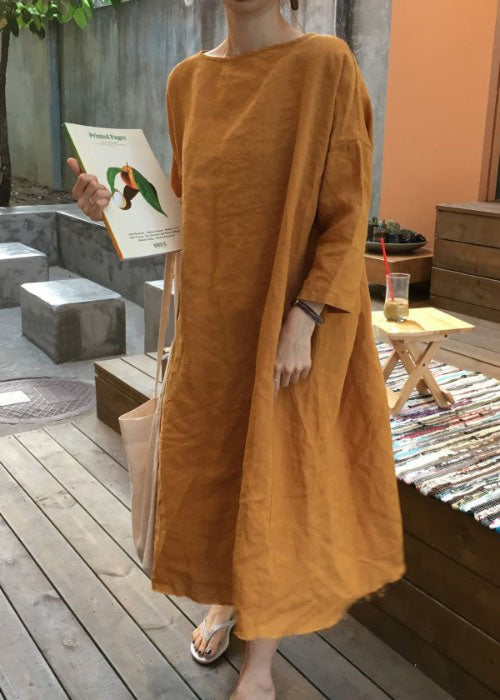 Orange O Neck Patchwork Cotton Loose Dress Spring