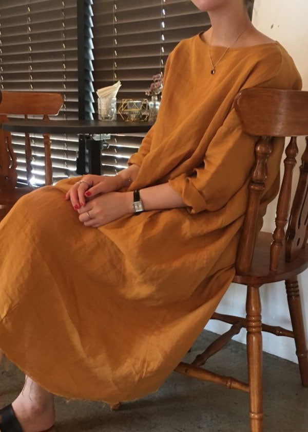 Orange O Neck Patchwork Cotton Loose Dress Spring