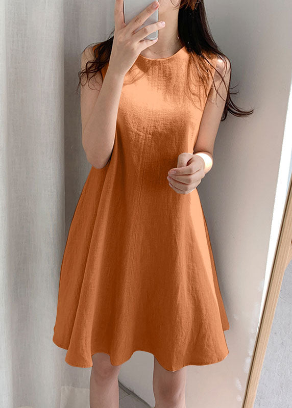 Orange O-neck Slim Fit Exra Large Hem Cotton Dresses Sleeveless