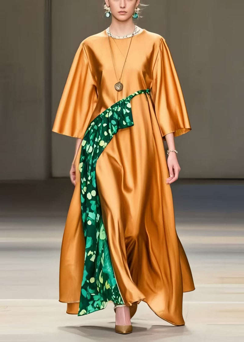 Orange Oversized Print Silk Maxi Dresses Spring