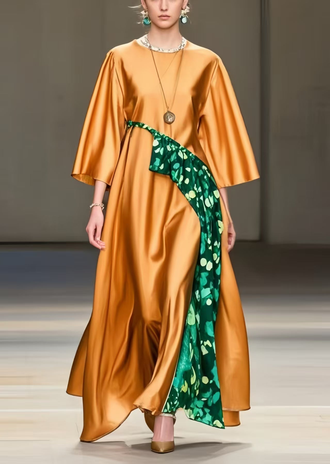 Orange Oversized Print Silk Maxi Dresses Spring