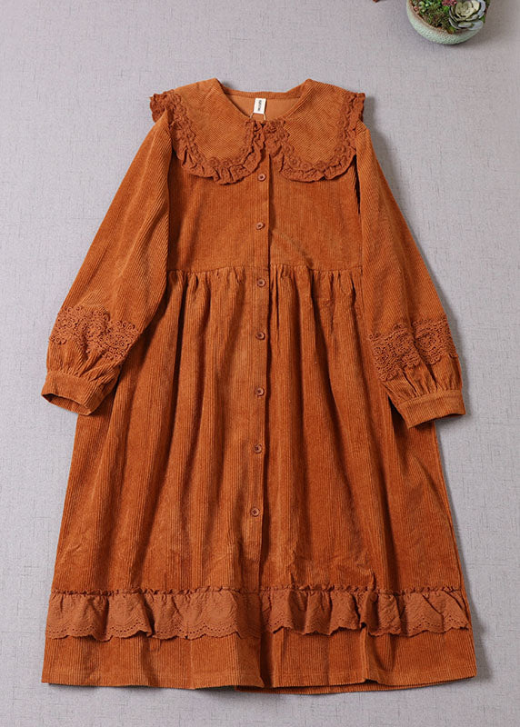 Orange Peter Pan Collar Patchwork Corduroy Maxi Dresses Winter