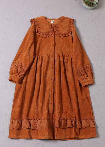 Orange Peter Pan Collar Patchwork Corduroy Maxi Dresses Winter