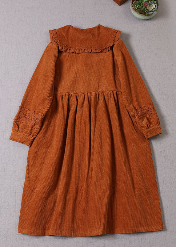 Orange Peter Pan Collar Patchwork Corduroy Maxi Dresses Winter