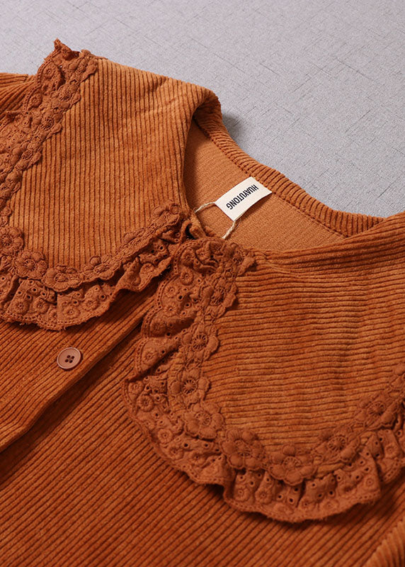 Orange Peter Pan Collar Patchwork Corduroy Maxi Dresses Winter