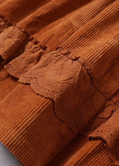 Orange Peter Pan Collar Patchwork Corduroy Maxi Dresses Winter