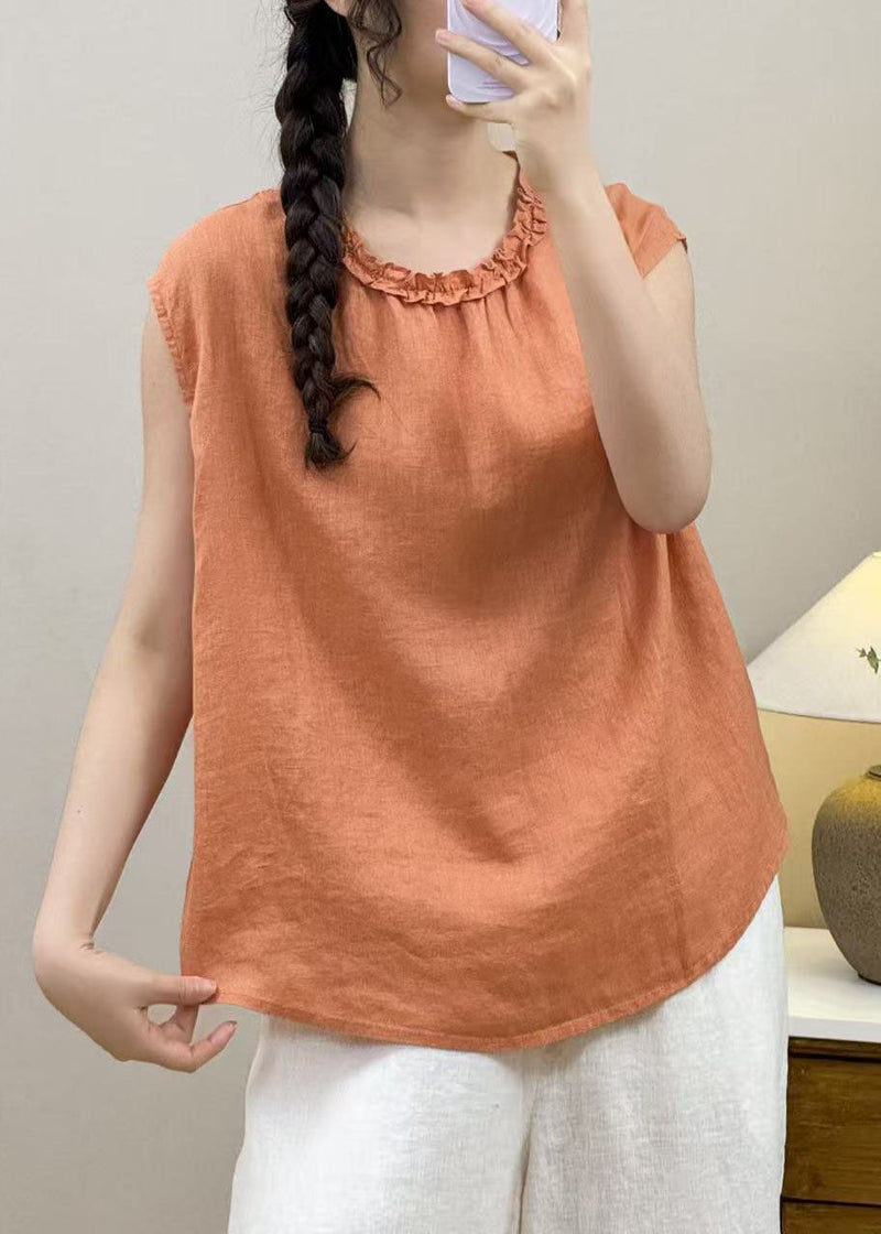 Orange Ruffled Linen Shirt Top Sleeveless